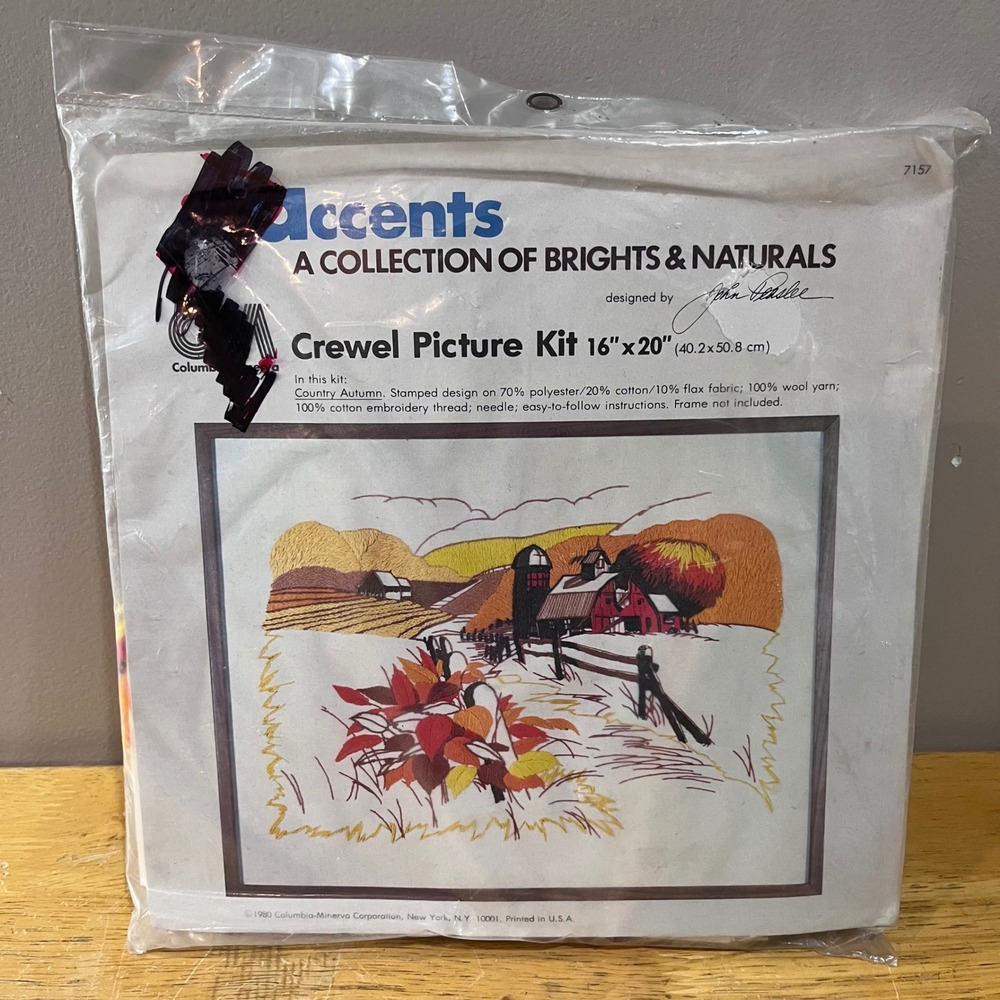 Vtg 1980 Columbia-Minerva Crewel Kit Country Autumn Barn Farm 16x20 John Bealsle